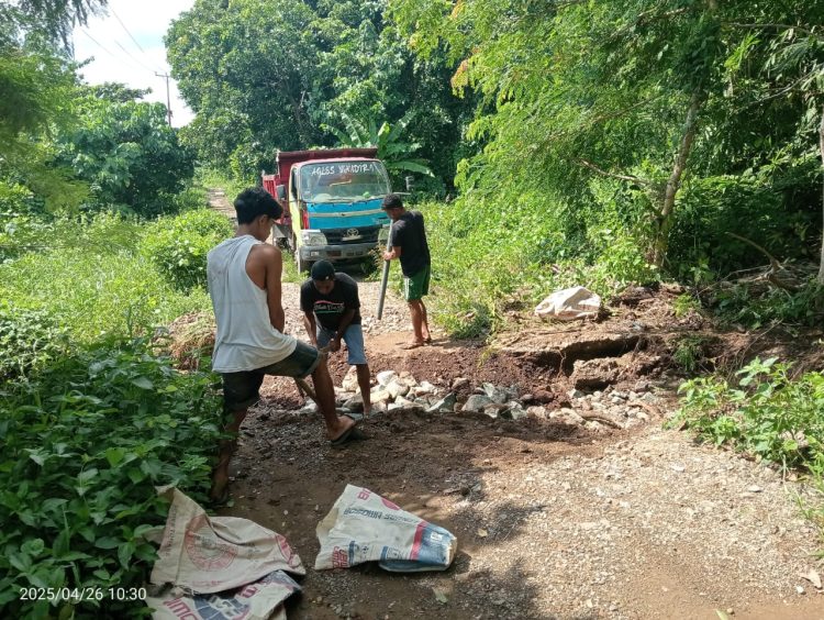 Sopir dan Kondektur Gotong Royong Benahi Jalan Rusak Untuk Dilalui Kendaraan Pada Ruas Jalan Provinsi Maluku