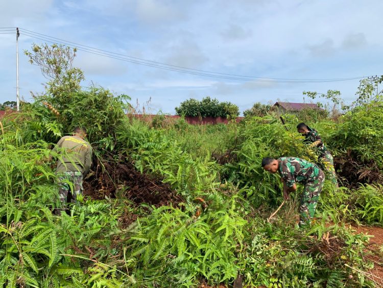 Kompak Wujudkan Lingkungan Bersih, Kodim 1206/Putussibau Gotong Royong Bersihkan Semak Belukar Sisi Kanan Kiri Jalan Bika Kalis