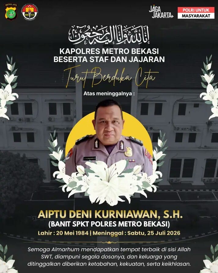 Keluarga Besar Polres Metro Bekasi Sampaikan Duka Cita Atas Wafatnya Aiptu Deni Kurniawan