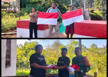 Kobarkan Semangat Cinta Tanah Air, Baur Unit Nik Inteldim Kodim 1206/Putussibau Bagikan dan Pasang Bendera Merah Putih di Dusun Sebintang