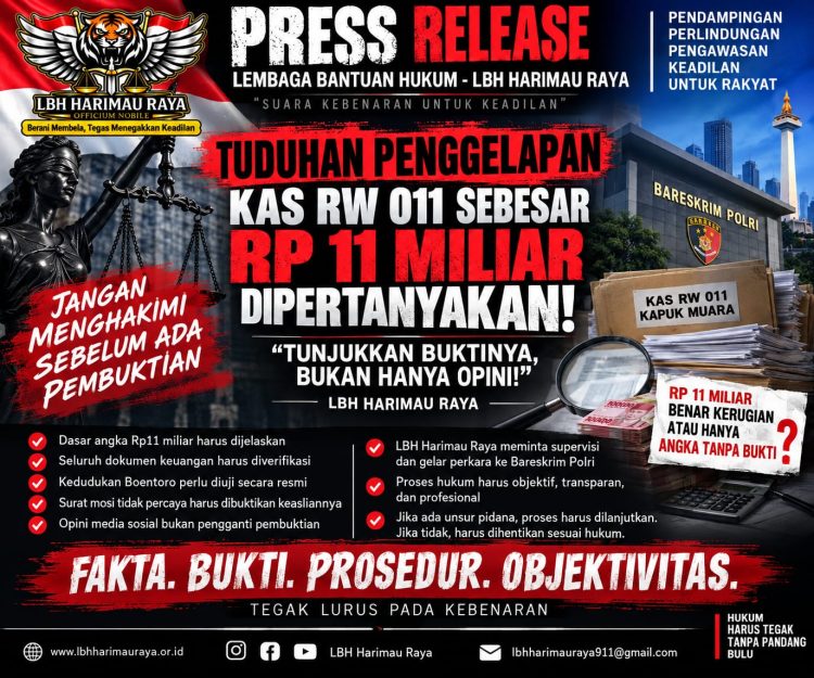 Dituding Gelapkan Kas RW Rp 11 Miliar, LBH Harimau Raya: Periksa Rekening, Dokumen dan Aliran Dana