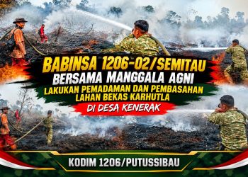 Babinsa Koramil 1206-02/Semitau Bersama Manggala Agni Lakukan Pemadaman dan Pembasahan Lahan Bekas Karhutla di Desa Kenerak